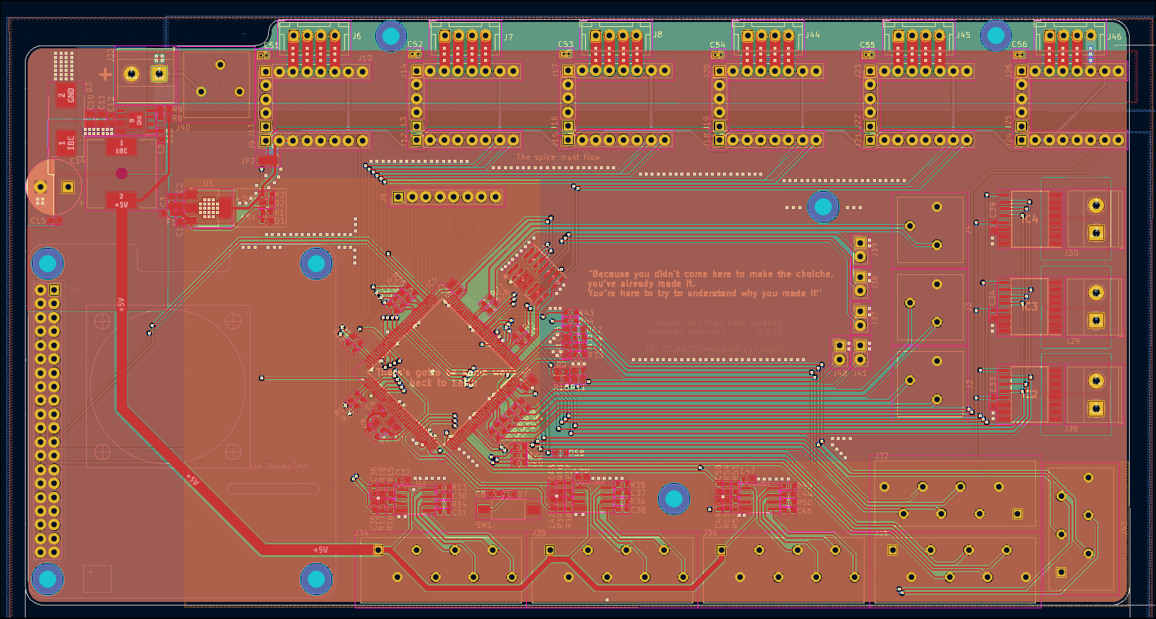 Complete PCB design. It is possible to notice how the sockets for TMC2209 drivers are separated from the 3V3 side. Furthermore, the inner layer with the orange 3V3 zone is shown in order to bring supply to microcontroller and rotary encoders connectors